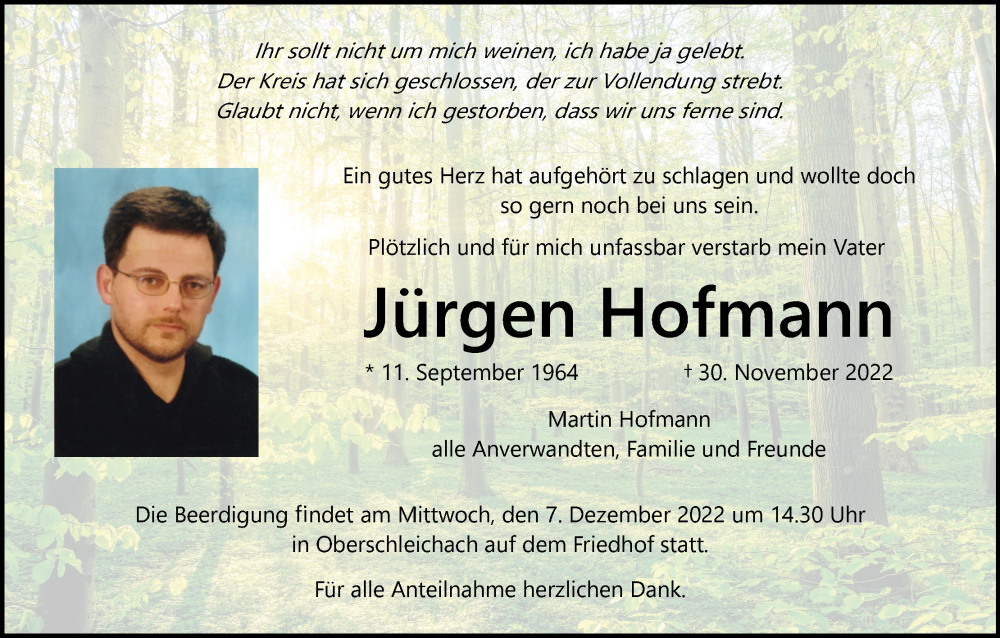  Traueranzeige für Jürgen Hofmann vom 06.12.2022 aus MGO