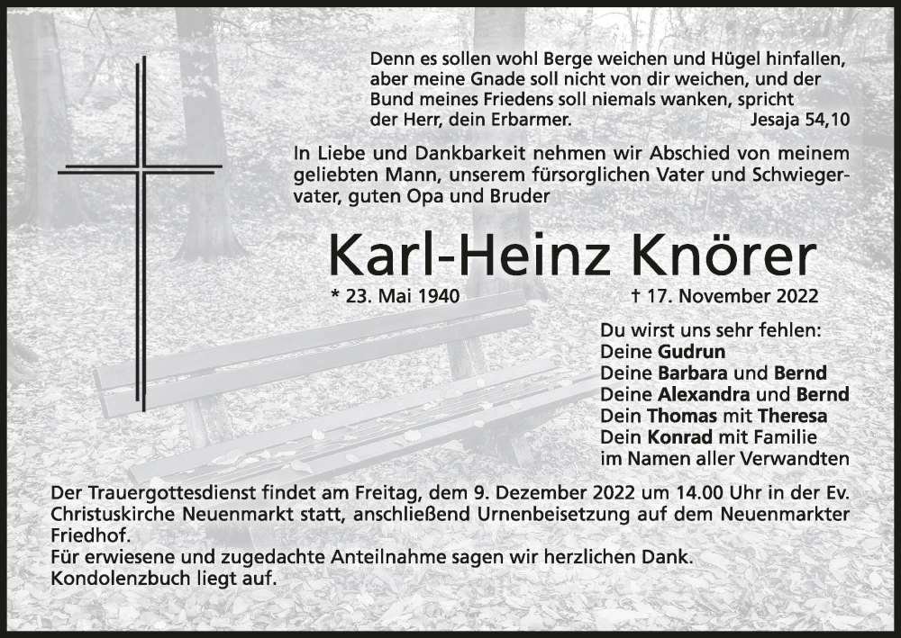  Traueranzeige für Karl-Heinz Knörer vom 03.12.2022 aus MGO