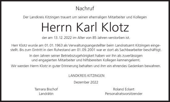 Anzeige von Karl Klotz von MGO