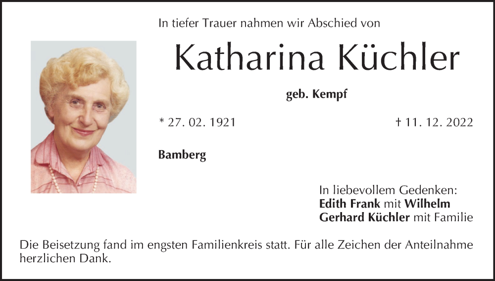  Traueranzeige für Katharina Küchler vom 24.12.2022 aus MGO