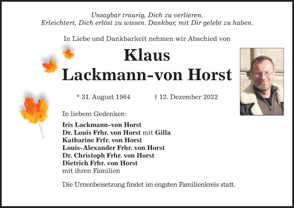  Traueranzeige für Klaus Lackmann-von Horst vom 17.12.2022 aus MGO