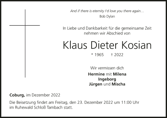 Anzeige von Klaus Dieter Kosian von MGO