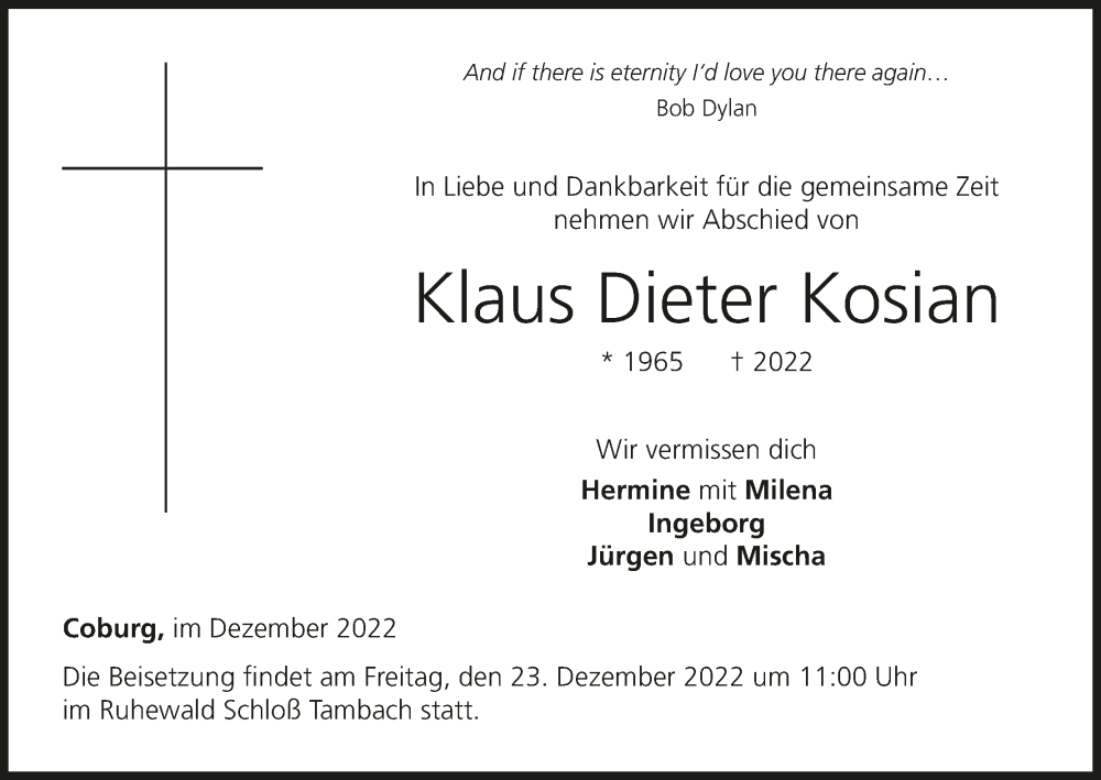 Traueranzeige für Klaus Dieter Kosian vom 17.12.2022 aus MGO