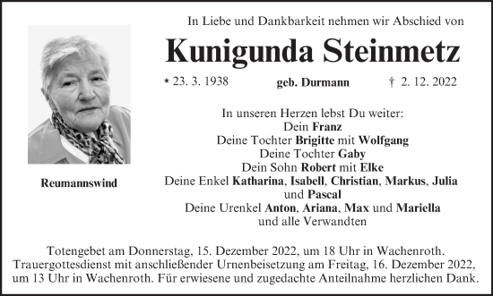 Anzeige von Kunigunda Steinmetz von MGO