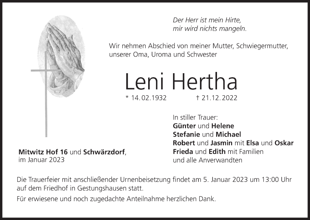  Traueranzeige für Leni Hertha vom 31.12.2022 aus MGO