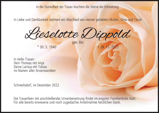 Anzeige von Lieselotte Dippold von MGO