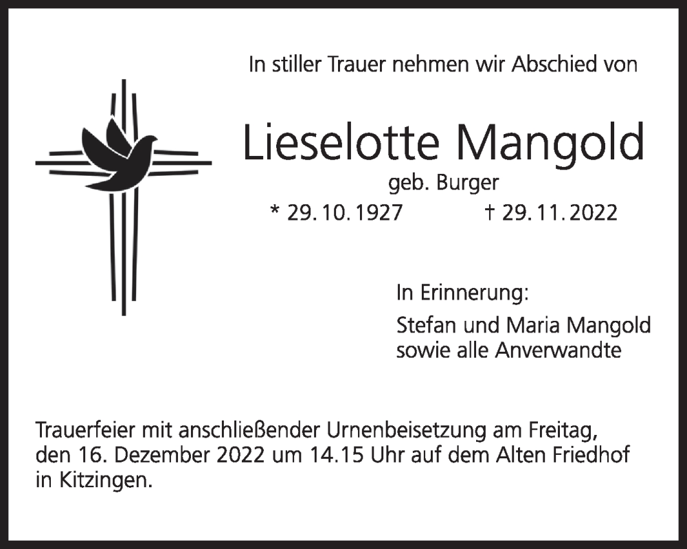  Traueranzeige für Lieselotte Mangold vom 12.12.2022 aus MGO