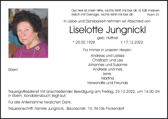 Anzeige von Liselotte Jungnickl von MGO