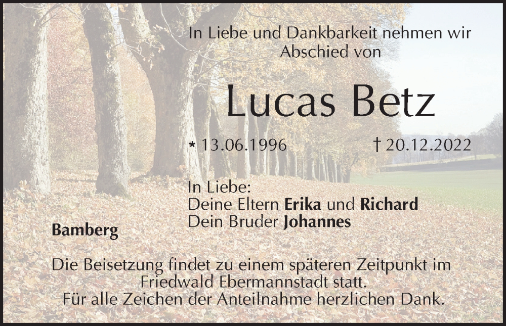  Traueranzeige für Lucas Betz vom 24.12.2022 aus MGO