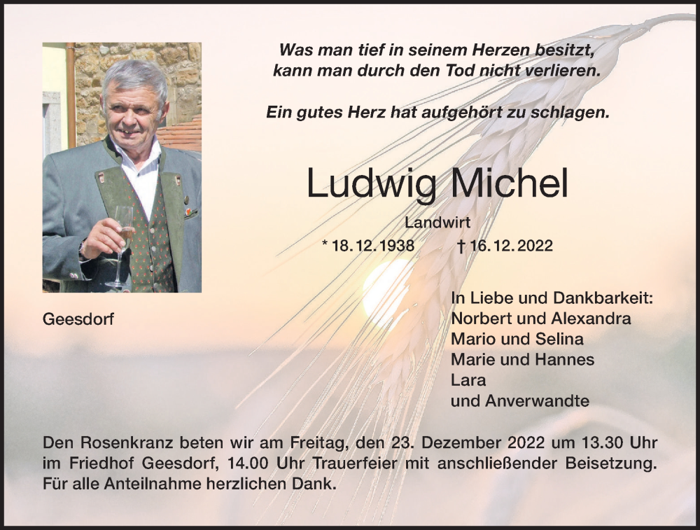  Traueranzeige für Ludwig Michel vom 21.12.2022 aus MGO