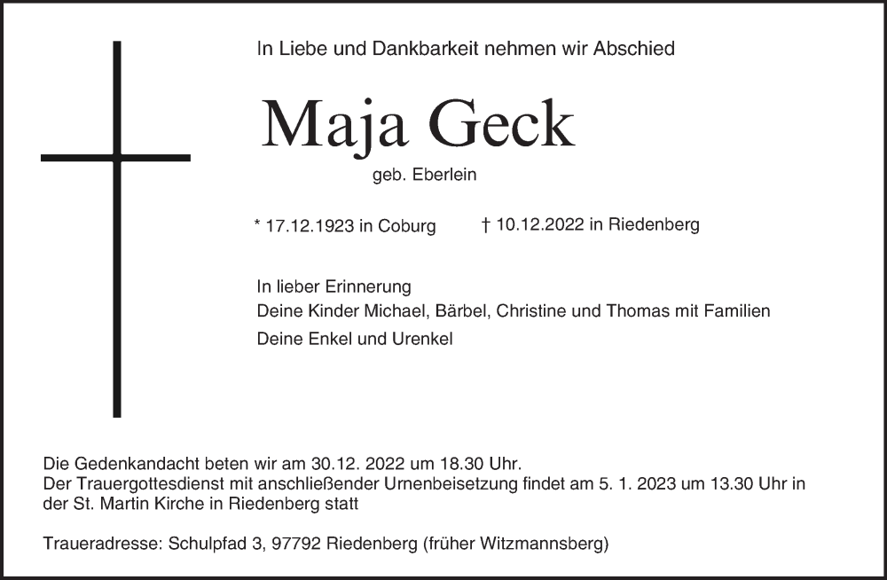  Traueranzeige für Maja Geck vom 17.12.2022 aus MGO
