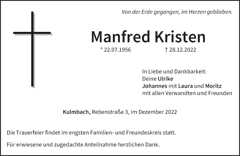  Traueranzeige für Manfred Kristen vom 31.12.2022 aus MGO