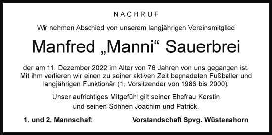 Anzeige von Manfred Sauerbrei von MGO