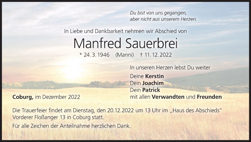  Traueranzeige für Manfred Sauerbrei vom 17.12.2022 aus MGO