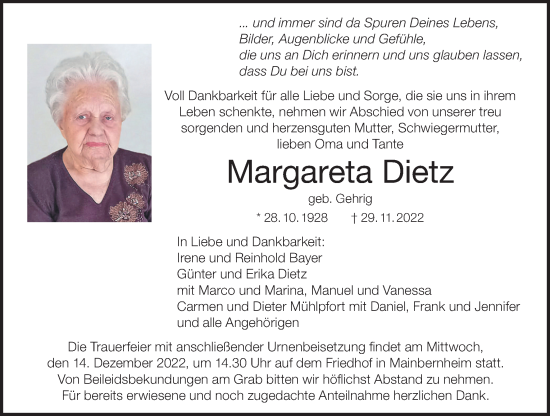 Anzeige von Margareta Dietz von MGO