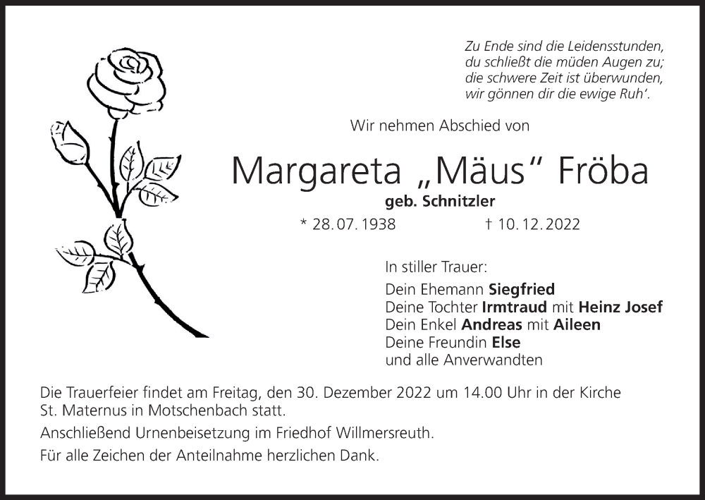  Traueranzeige für Margareta Fröba vom 28.12.2022 aus MGO