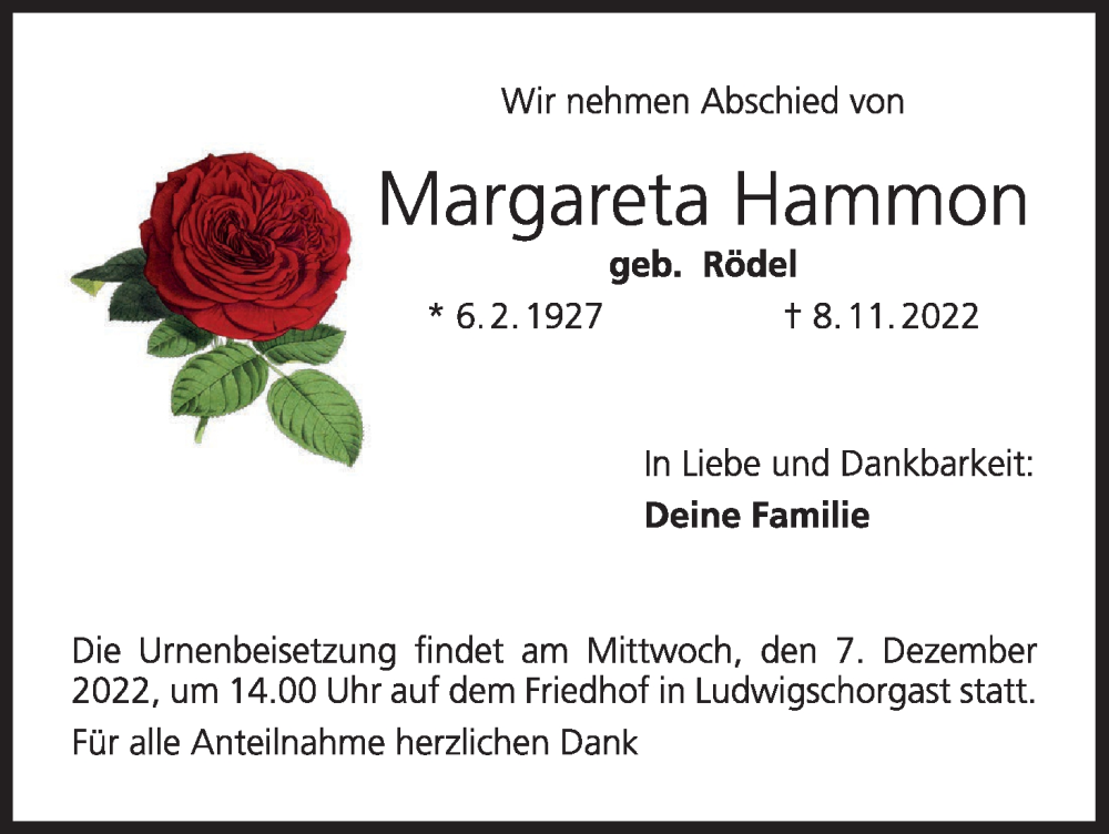  Traueranzeige für Margareta Hammon vom 03.12.2022 aus MGO