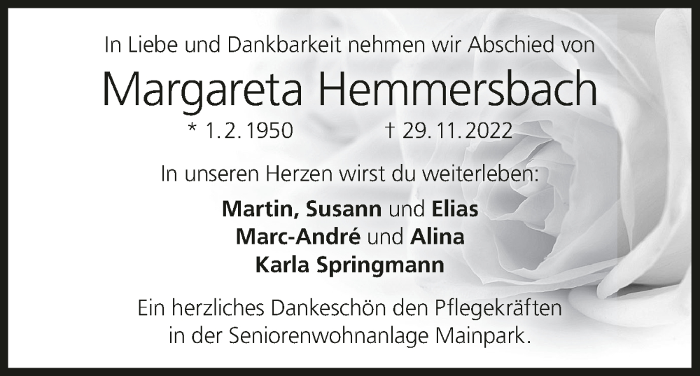  Traueranzeige für Margareta Hemmersbach vom 10.12.2022 aus MGO
