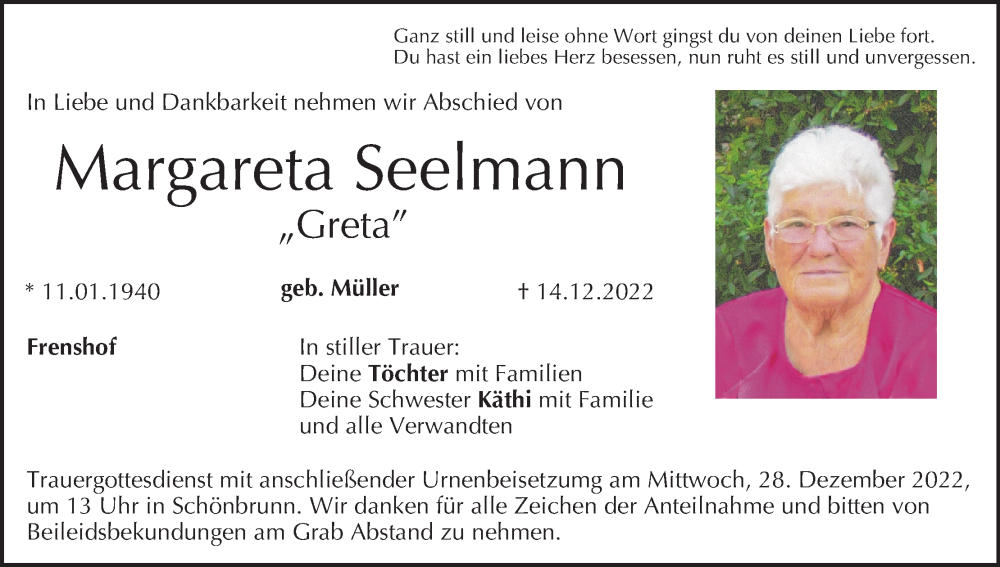  Traueranzeige für Margareta Seelmann vom 17.12.2022 aus MGO