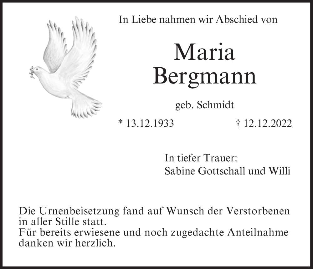  Traueranzeige für Maria Bergmann vom 31.12.2022 aus MGO
