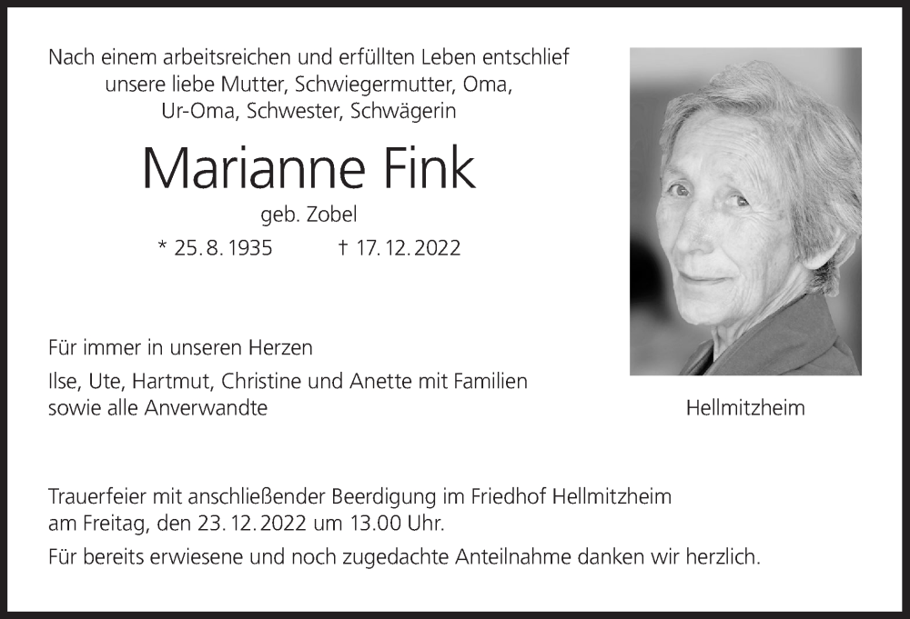  Traueranzeige für Marianne Fink vom 20.12.2022 aus MGO