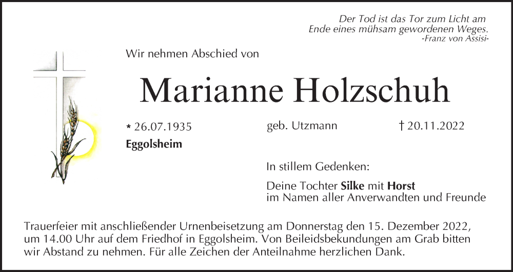  Traueranzeige für Marianne Holzschuh vom 10.12.2022 aus MGO