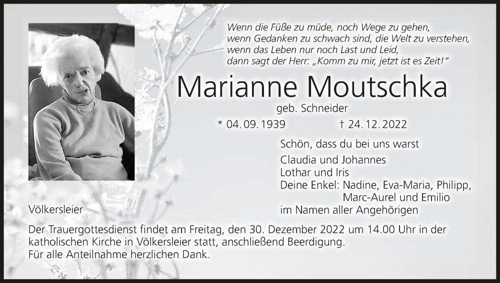  Traueranzeige für Marianne Moutschka vom 28.12.2022 aus MGO
