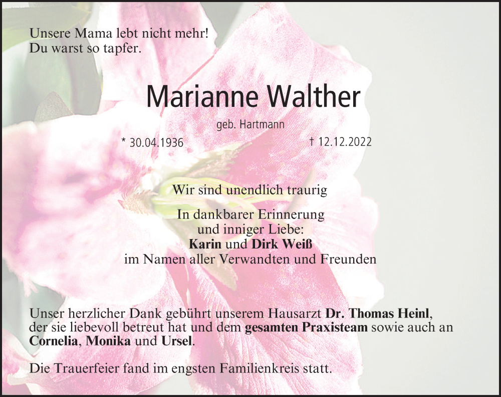  Traueranzeige für Marianne Walther vom 17.12.2022 aus MGO