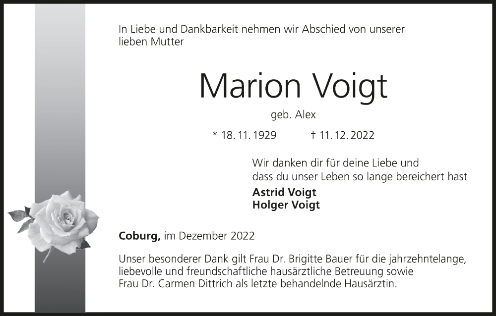  Traueranzeige für Marion Voigt vom 17.12.2022 aus MGO