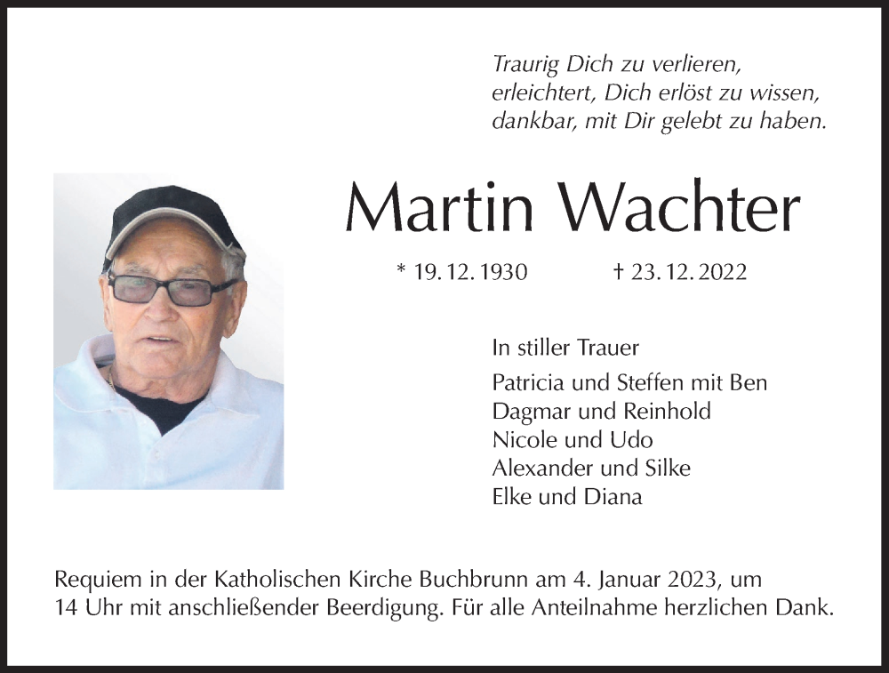  Traueranzeige für Martin Wachter vom 30.12.2022 aus MGO