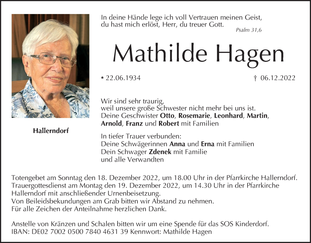  Traueranzeige für Mathilde Hagen vom 16.12.2022 aus MGO