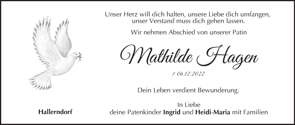  Traueranzeige für Mathilde Hagen vom 16.12.2022 aus MGO
