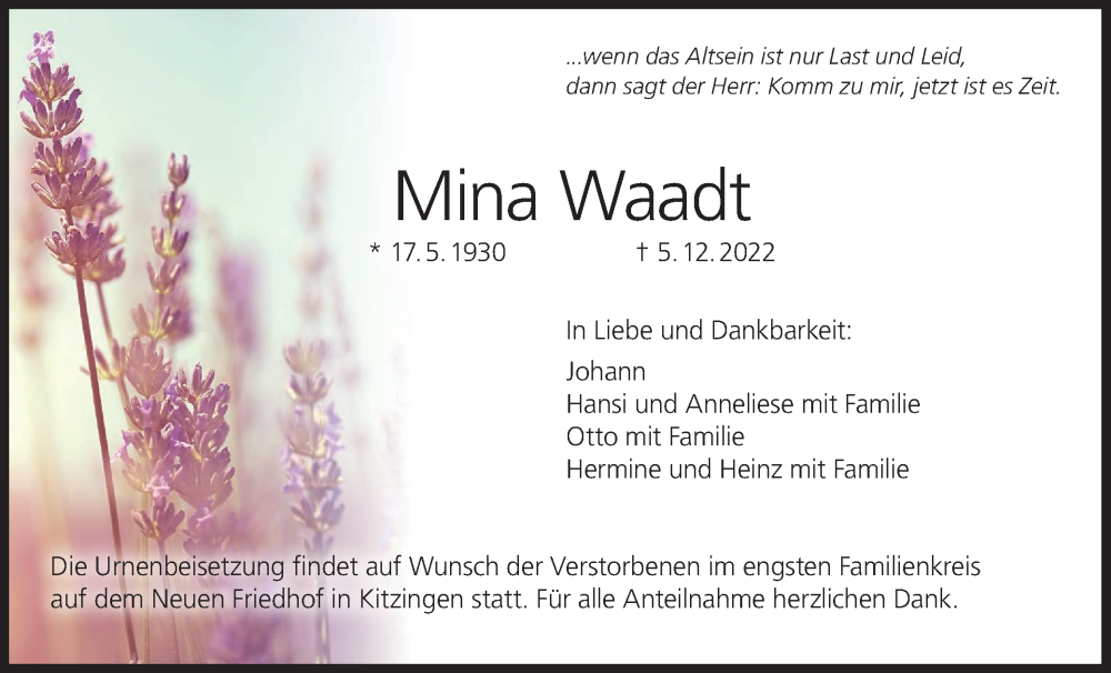  Traueranzeige für Mina Waadt vom 10.12.2022 aus MGO