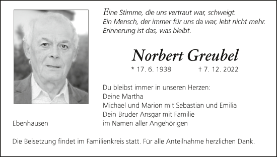 Anzeige von Norbert Greubel von MGO