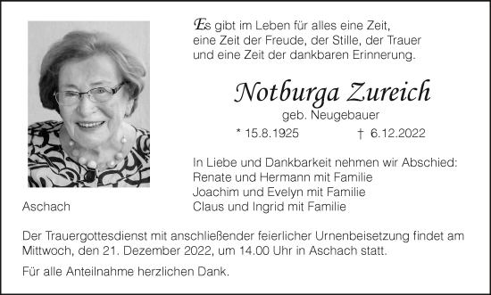 Anzeige von Notburga Zureich von MGO