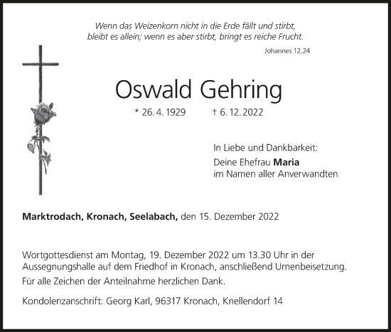 Anzeige von Oswald Gehring von MGO