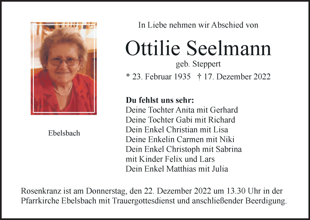  Traueranzeige für Ottilie Seelmann vom 21.12.2022 aus MGO