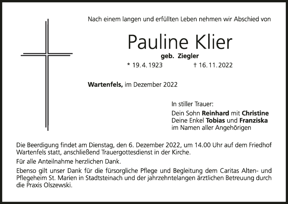  Traueranzeige für Pauline Klier vom 02.12.2022 aus MGO