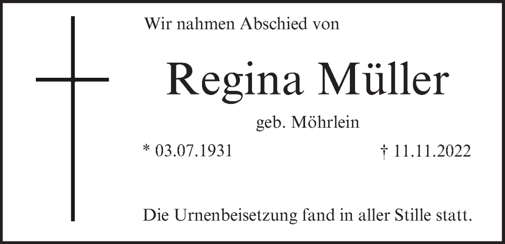  Traueranzeige für Regina Müller vom 10.12.2022 aus MGO