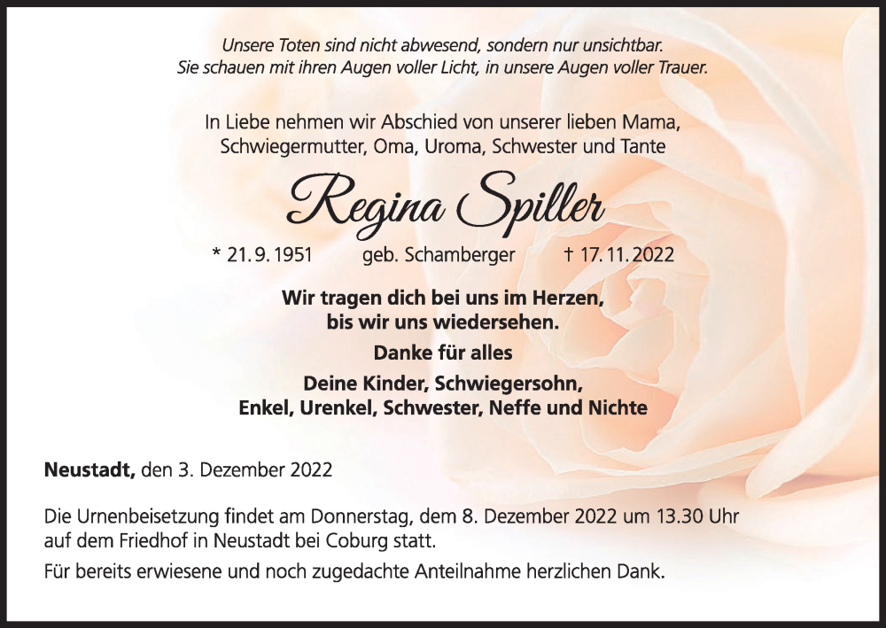  Traueranzeige für Regina Spiller vom 03.12.2022 aus MGO