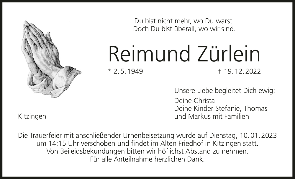  Traueranzeige für Reimund Zürlein vom 29.12.2022 aus MGO