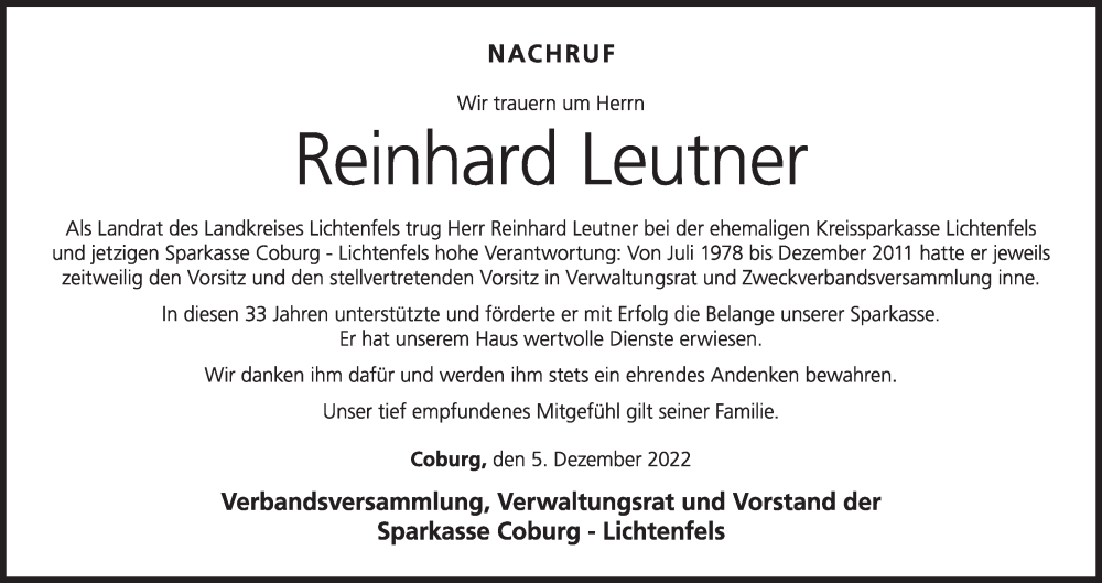  Traueranzeige für Reinhard Leutner vom 03.12.2022 aus MGO