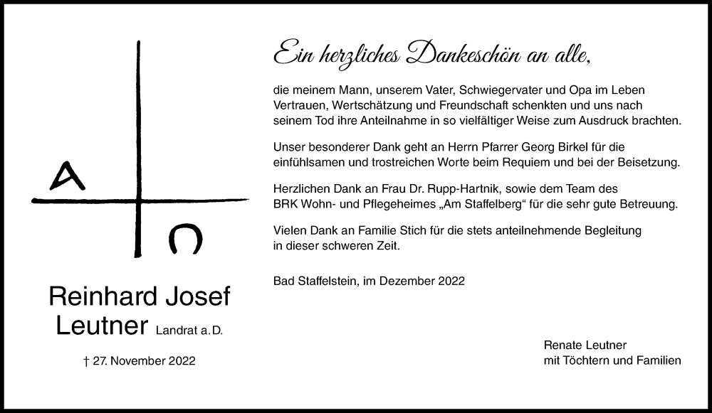  Traueranzeige für Reinhard Leutner vom 31.12.2022 aus MGO