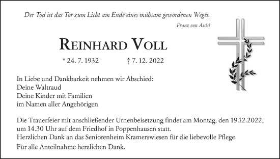 Anzeige von Reinhard Voll von MGO