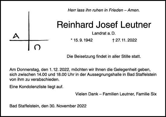 Anzeige von Reinhard Josef Leutner von MGO