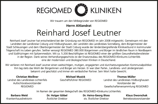 Anzeige von Reinhard Josef Leutner von MGO