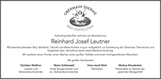 Anzeige von Reinhard Josef Leutner von MGO