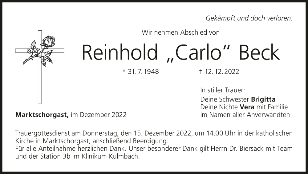  Traueranzeige für Reinhold Beck vom 14.12.2022 aus MGO