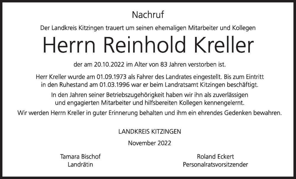  Traueranzeige für Reinhold Kreller vom 03.12.2022 aus MGO