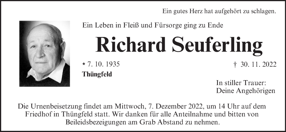  Traueranzeige für Richard Seuferling vom 03.12.2022 aus MGO